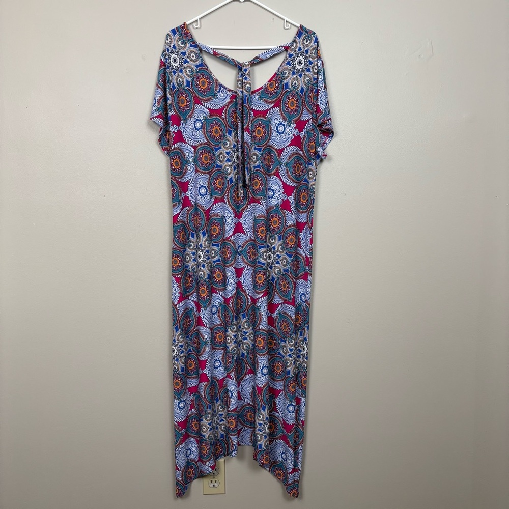 Chico's Medallion Cluster Print Midi Dress Sz 16/18 Multicolor Tie Back Stretch - Picture 7 of 11